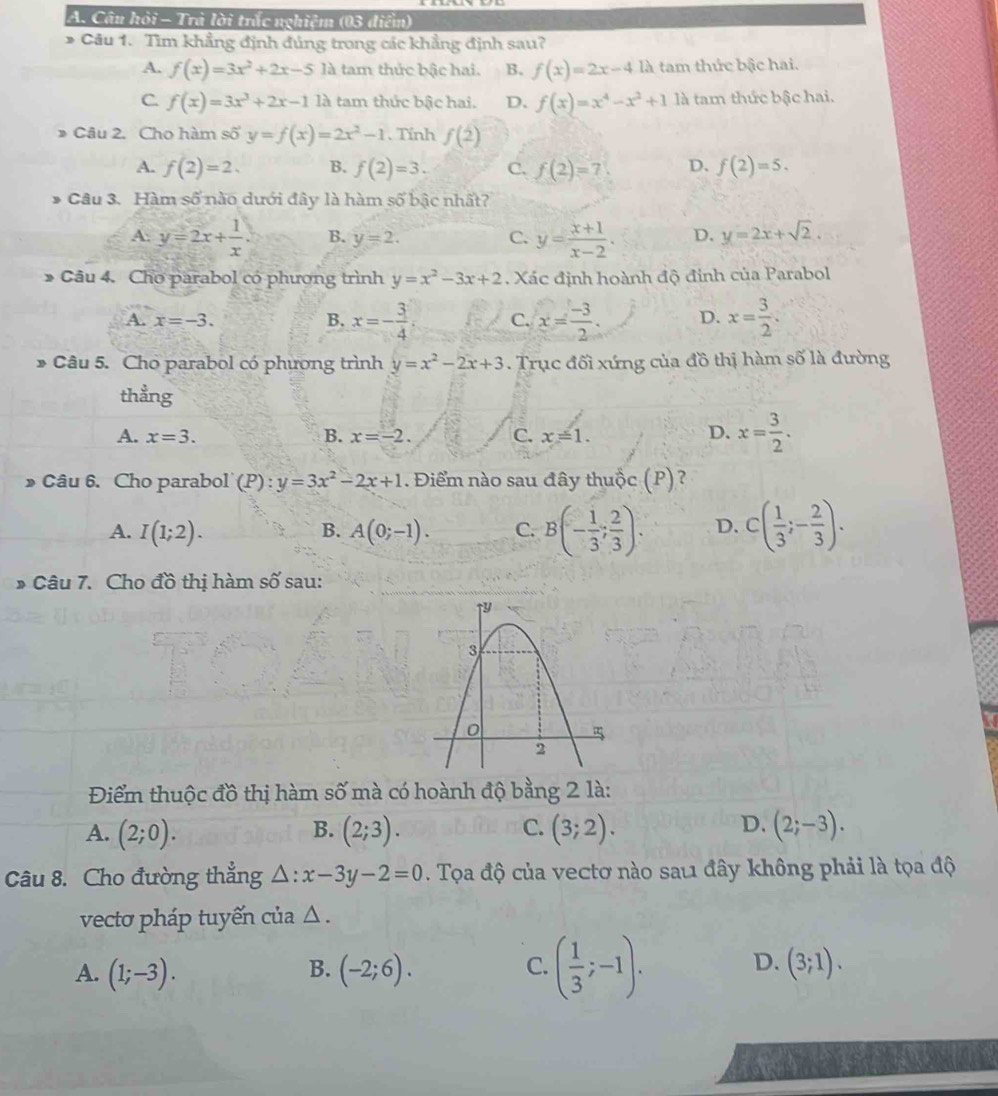 Câu hỏi - Trả lời trắc nghiệm (03 diểm)
* Câu 1. Tìm khẳng định đúng trong các khẳng định sau?
A. f(x)=3x^2+2x-51a tam thức bậc hai. B. f(x)=2x-4.1lambda tam thức bậc hai.
C. f(x)=3x^3+2x-1 là tam thức bậc hai. D. f(x)=x^4-x^2+1 là tam thức bậc hai.
* Câu 2. Cho hàm số y=f(x)=2x^2-1. Tính f(2)
A. f(2)=2. B. f(2)=3. C. f(2)=7 D. f(2)=5.
* Câu 3. Hàm số nào dưới đây là hàm số bậc nhất?
A: y=2x+ 1/x . B. y=2. C. y= (x+1)/x-2 . D. y=2x+sqrt(2).
* Câu 4. Cho parabol có phương trình y=x^2-3x+2 Xác định hoành độ đinh của Parabol
A. x=-3. B. x=- 3/4 . C. x= (-3)/2 . D. x= 3/2 .
* Câu 5. Cho parabol có phương trình y=x^2-2x+3. Trục đối xứng của đồ thị hàm số là đường
thẳng
A. x=3. B. x=-2. C. x=1. D. x= 3/2 .
» Câu 6. Cho parabol (P):y=3x^2-2x+1. Điểm nào sau đây thuộc (P)?
A. I(1;2). A(0;-1). C. B(- 1/3 ; 2/3 ). D. C( 1/3 ;- 2/3 ).
B.
* Câu 7. Cho đồ thị hàm số sau:
Điểm thuộc đồ thị hàm số mà có hoành độ bằng 2 là:
A. (2;0). (2;3). (3;2). (2;-3).
B.
C.
D.
Câu 8. Cho đường thẳng △ :x-3y-2=0. Tọa độ của vectơ nào sau đây không phải là tọa độ
vectơ pháp tuyến của △ .
A. (1;-3). B. (-2;6). C. ( 1/3 ;-1). D. (3;1).