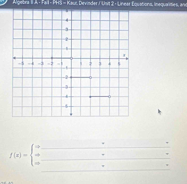 Algebra II A - Fall - PHS -- Kaur, Devinder / Unit 2 - Linear Equations, Inequalities, and 
_
f(x)=beginarrayl Rightarrow  Rightarrow  Rightarrow endarray. __