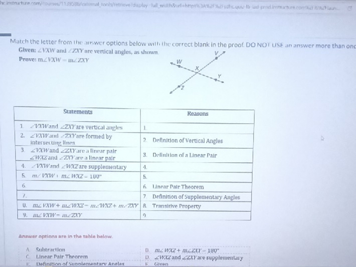 hc.Instructure.com/courses/113f9586/cxternal_tonls/retneve/display=/ull_width&ud=http9%3A92f%2fsdhcquiz-Ib-lad-prnd.instructure.com92f86%2Haun....
Match the letter from the answer options below with the correct blank in the proof. DO NOT USE an answer more than ond
Given: ∠ VXW and ∠ ZXY are vertical angles, as shown.
Proves m∠ VXW=m∠ ZXY
Statements Reasons
1 ∠VYWand ∠ ZXY are vertical angles 1
2. ∠ VXW and ∠ ZXY are formed by 2. Definition of Vertical Angles
intersecting lines
3. ∠ VXW and ∠ ZXY are a linear pair 3. Definition of a Linear Pair
∠ WXZ and ∠ ZXY are a linear pair
4. ∠ VXW and ∠ WXZ are supplementary 4.
5. m∠ VXW+ m∠ WXZ-100° 5.
6. 6 Linear Pair Theorem
7. 7. Definition of Supplementary Angles
U. m∠ VXW+m∠ WXZ-m∠ WXZ+m∠ ZXY 8. Transitive Property
9. m∠ VXW-m∠ ZXY 9
Answer options are in the table below.
A. Subtraction D. m∠ WXZ+m∠ ZXY-180°
C Linear Pair Theorem D. ∠ WXZ and ∠ ZXY are supplementary
E Definition of Supplementary Aneles F. Gven