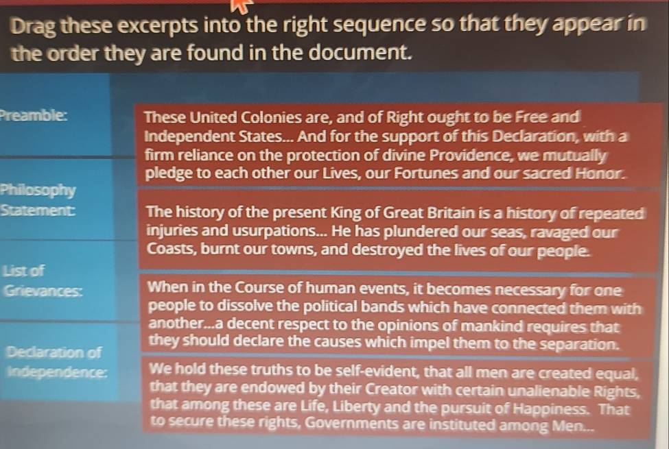 Drag these excerpts into the right sequence so that they appear in 
the order they are found in the document. 
Preamble: These United Colonies are, and of Right ought to be Free and 
Independent States... And for the support of this Declaration, with a 
firm reliance on the protection of divine Providence, we mutually 
pledge to each other our Lives, our Fortunes and our sacred Honor. 
Philosophy 
Statement: The history of the present King of Great Britain is a history of repeated 
injuries and usurpations... He has plundered our seas, ravaged our 
Coasts, burnt our towns, and destroyed the lives of our people. 
List of 
Grievances: When in the Course of human events, it becomes necessary for one 
people to dissolve the political bands which have connected them with 
another...a decent respect to the opinions of mankind requires that 
Declaration of they should declare the causes which impel them to the separation. 
Independence: We hold these truths to be self-evident, that all men are created equal, 
that they are endowed by their Creator with certain unalienable Rights, 
that among these are Life, Liberty and the pursuit of Happiness. That 
to secure these rights, Governments are instituted among Men...