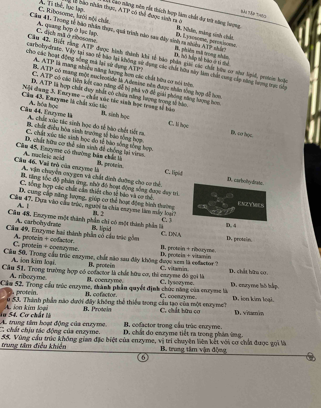 lg lễ bào nhân thực, ATP có thể được sinh ra ở
bÀi tập tHeo
el cao năng nên rất thích hợp làm chất dự trữ năng lượng
A. Ti thể, lục lạp. B. Nhân, màng sinh chất.
C. Ribosome, lưới nội chất. D. Lysosome, peroxisome.
Câu 41. Trong tế bào nhân thực, quá trình nào sau đây sinh ra nhiều ATP nhất?
A. quang hợp ở lục lạp. B. phiên mã trong nhân.
C. dịch mã ở ribosome. D. hô hấp tế bào ở ti thể.
Câu 42. Biết rằng ATP được hình thành khi tế bào phân giải các chất hữu cơ như lipid, protein hoặc
cho các hoạt động sống mà lại sử dụng ATP?
carbohydrate. Vậy tại sao tế bào lại không sử dụng các chất hữu này làm chất cung cấp năng lượng trực tiếp
A. ATP là mang nhiều năng lượng hơn các chất hữu cơ nói trên.
B. ATP có mang một nucleotide là Adenine nên được nhân tổng hợp dễ hơn
C. ATP có các liên kết cao năng dễ bị phá vỡ đề giải phóng năng lượng hơn.
D. ATP là hợp chất duy nhất có chứa năng lượng trọng tế bào.
Nội dung 3. Enzyme - chất xúc tác sinh học trong tế bào
Câu 43. Enzyme là chất xúc tác
Câu 44. Enzyme là B. sinh học
A. hóa học C. lí học
A. chất xúc tác sinh học do tế bào chết tiết ra.
B. chất điều hòa sinh trưởng tế bào tổng hợp.
D. cơ học.
C. chất xúc tác sinh học do tế bào sống tổng hợp.
D. chất hữu cơ thể sản sinh đề chống lại virus.
Câu 45. Enzyme có thường bản chất là
A. nucleic acid B. protein. C. lipid
*Câu 46. Vai trò của enzyme là
A. vận chuyển oxygen và chất dinh dưỡng cho cơ thể.
D. carbohydrate.
B. tăng tốc độ phản ứng, nhờ đó hoạt động sống được duy trì.
C. tổng hợp các chất cần thiết cho tế bào và cơ thể.
D. cung cấp năng lượng, giúp cơ thể hoạt động bình thường
A. 1
ENZYMES
Câu 47. Dựa vào cấu trúc, người ta chia enzyme làm mấy loại?
B. 2
Câu 48. Enzyme một thành phần chi có một thành phần là
C. 3
A. carbohydrate B. lipid
D. 4
Câu 49. Enzyme hai thành phần cổ cấu trúc gồm C. DNA
D. protein.
A. protein + cofactor. B. protein + ribozyme.
C. protein + coenzyme.
D. protein + vitamin
Câu 50. Trong cấu trúc enzyme, chất nào sau đây không được xem là cofactor ?
A. ion kim loại. B. protein C. vitamin. D. chất hữu cơ.
Câu 51. Trong trường hợp có cofactor là chất hữu cơ, thì enzyme đó gọi là
A. ribozyme. B. coenzyme. C. lysozyme. D. enzyme hô hấp.
Câu 52. Trong cấu trúc enzyme, thành phần quyết định chức năng của enzyme là
protein. B. cofactor. C. coenzyme. D. ion kim loại.
u 53. Thành phần nào dưới đây không thể thiếu trong cấu tạo của một enzyme?
A. ion kim loại B. Protein D. vitamin
C. chất hữu cơ
ầu 54. Cơ chất là
A. trung tâm hoạt động của enzyme. B. cofactor trong cấu trúc enzyme.
C. chất chịu tác động của enzyme. D. chất do enzyme tiết ra trong phản ứng.
55. Vùng cấu trúc không gian đặc biệt của enzyme, vị trí chuyên liên kết với cơ chất được gọi là
trung tâm điều khiển  B. trung tâm vận động
6