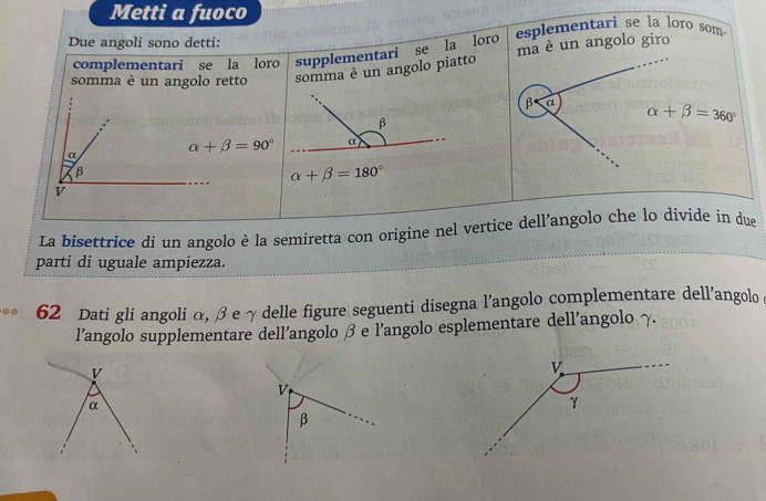 Metti a fuoco 
Due angoli sono detti: esplementari se la loro som 
complementari se la loro supplementari se la loro 
somma è un angolo retto somma è un angolo piatto mã è un angolo giro 
β α alpha +beta =360°
a
alpha +beta =90°
β
alpha +beta =180°
v 
La bisettrice di un angolo è la semiretta con origine nel vertice dell’angolo che lo divide in due 
parti di uguale ampiezza. 
62 Dati gli angoli α, β e γ delle figure seguenti disegna l’angolo complementare dell’angolo 
l’angolo supplementare dell’angolo β e l’angolo esplementare dell’angolo γ. 
v
V
α
β