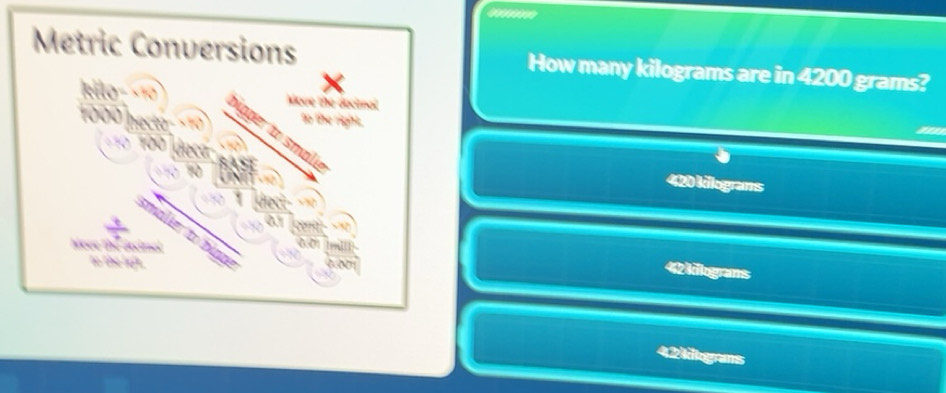 Solved: How many kilograms are in 4200 grams? 420 kilograns 42 ilgans ...