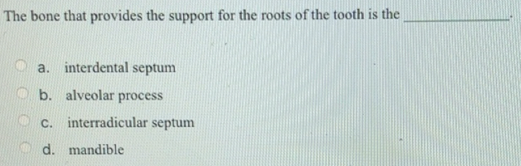 Solved: The bone that provides the support for the roots of the tooth ...
