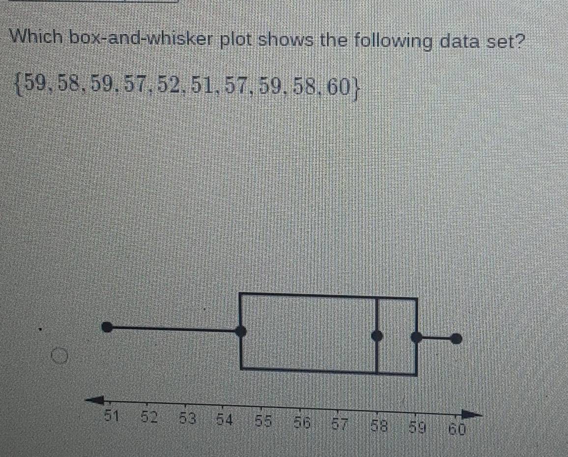 Which box-and-whisker plot shows the following data set?
 59,58,59,57,52,51,57,59,58,60