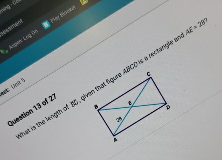 ning - Co 
7 
sessment Play Blooket
AE=28
Aspen: Log Or 
Question 13 of 21 
est: Unit 5 
What is the length o overline BD