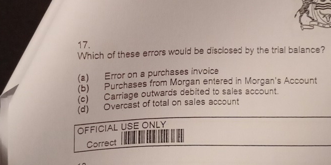 Which of these errors would be disclosed by the trial balance?
(a) Error on a purchases invoice
(b) Purchases from Morgan entered in Morgan's Account
(c) Carriage outwards debited to sales account.
(d) Overcast of total on sales account
OFFICIAL USE ONLY
Correct