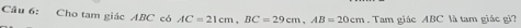 Cho tam giác ABC có AC=21cm, BC=29cm, AB=20cm. Tam giác ABC là tam giác gì?