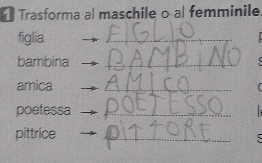 Trasforma al maschile o al femminile. 
figlia 
__ 
bambina_ 
amica 
_ 
poetessa_ 
pittrice 
_ 
S