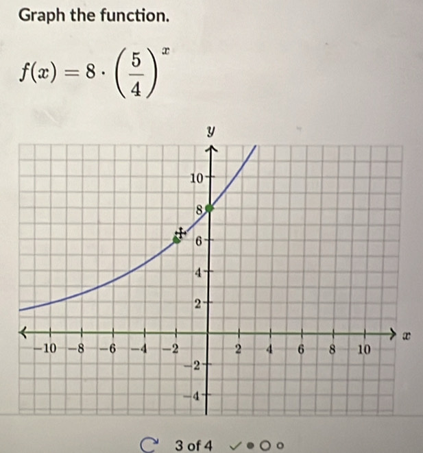 Graph the function.
f(x)=8· ( 5/4 )^x
C 3 of 4