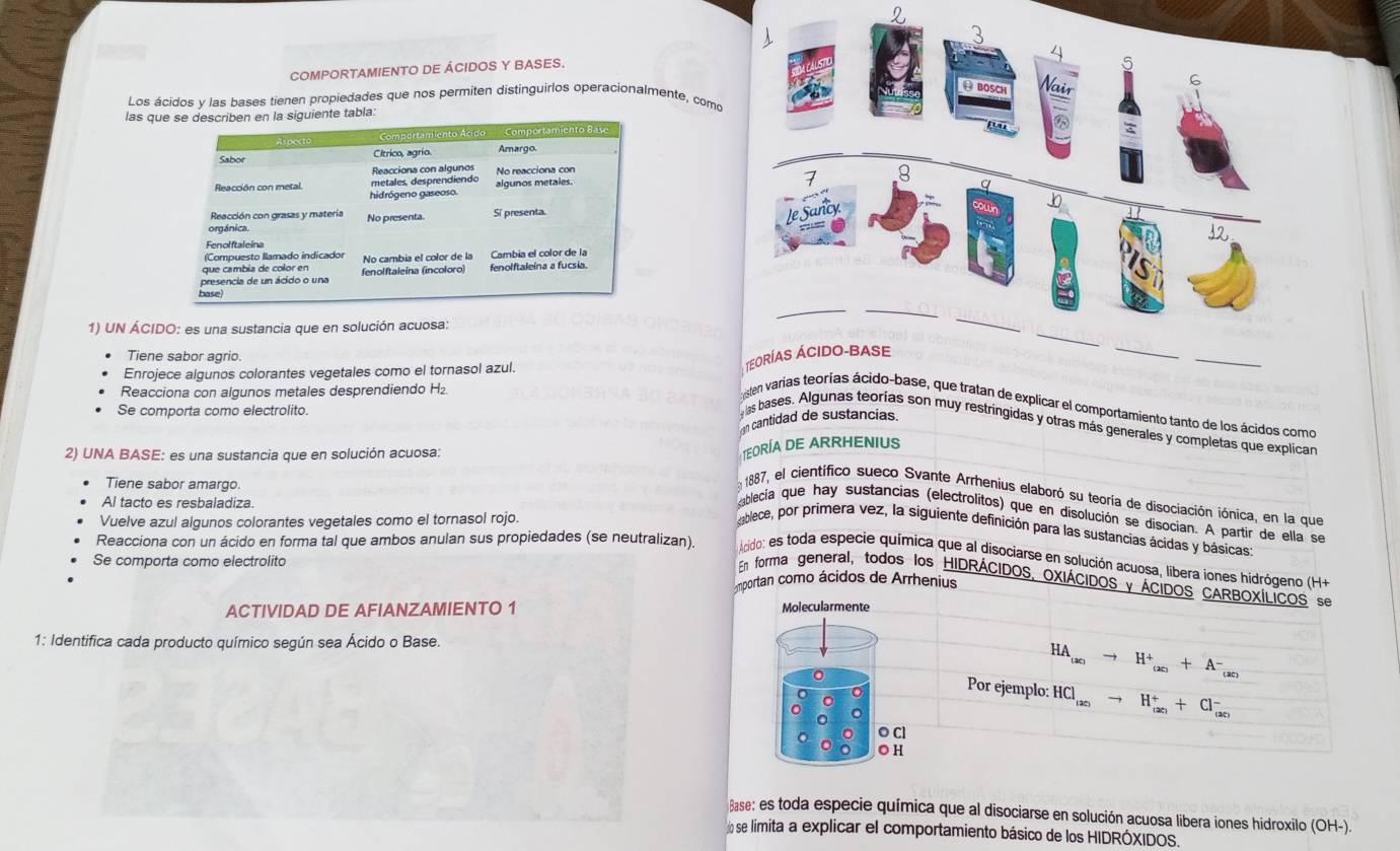 
COMPORTAMIENTO DE ÁCIDOS Y BASES.
Los ácidos y las bases tienen propiedades que nos permiten distinguirlos operacionalmente, como 
las quente tabla:
1) UN ÁCIDO: es una sustancia que en solución acuosa:
Tiene sabor agrio.
Enrojece algunos colorantes vegetales como el tornasol azul.
_
T
Reacciona con algunos metales desprendiendo H₂
isten varías teorías ácido-base, que tratan de explicar el comportamiento tanto de los ácidos como
Se comporta como electrolito.
n cantidad de sustancias.
las bases. Algunas teorías son muy restringidas y otras más generales y completas que explican
2) UNA BASE: es una sustancia que en solución acuosa:
TEORÍA DE ARRHENIUS
Tiene sabor amargo.
En 1887, el científico sueco Svante Arrhenius elaboró su teoría de disociación iónica, en la que
Al tacto es resbaladiza.
ablecia que hay sustancias (electrolitos) que en disolución se disocian. A partir de ella se
Vuelve azul algunos colorantes vegetales como el tornasol rojo.
ablece, por primera vez, la siguiente definición para las sustancias ácidas y básicas
Reacciona con un ácido en forma tal que ambos anulan sus propiedades (se neutralizan).  Acido: es toda especie química que al disociarse en solución acuosa, libera iones hidrógeno (H+
Se comporta como electrolito
En forma general, todos los HIDRÁCIDOS, OXIÁCIDOS y ÁCIDOS CARBOXÍLICOS se
mportan como ácidos de Arrhenius
ACTIVIDAD DE AFIANZAMIENTO 1 
1: Identifica cada producto químico según sea Ácido o Base.
HA_(ac)to H^+_(ac)+A^-_(ac)
Por ejemplo: HCl_(ac)to H_((ac))^++Cl_((ac))^-
Base: es toda especie química que al disociarse en solución acuosa libera iones hidroxilo (OH-).
se limita a explicar el comportamiento básico de los HIDRÓXIDOS.