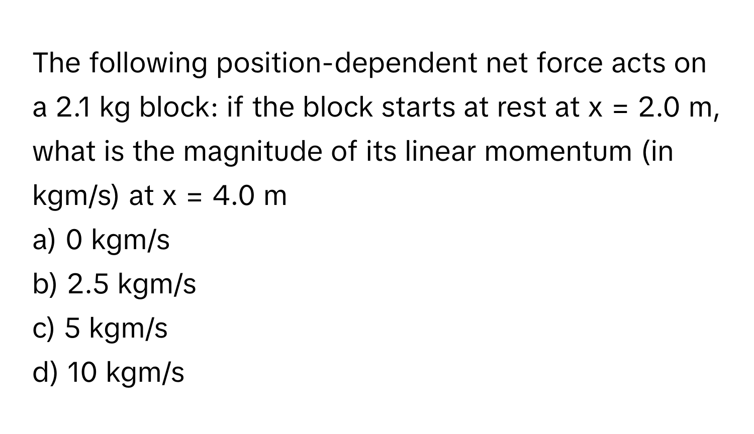 The following position-dependent net force acts on a 2.1 kg block: if the block starts at rest at x = 2.0 m, what is the magnitude of its linear momentum (in kgm/s) at x = 4.0 m 
a) 0 kgm/s
b) 2.5 kgm/s
c) 5 kgm/s
d) 10 kgm/s