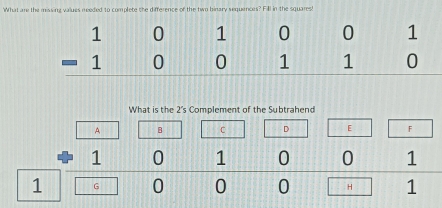 What are the missing values meeded to complete the difference of the two binary sequencers? Fill in the squares!