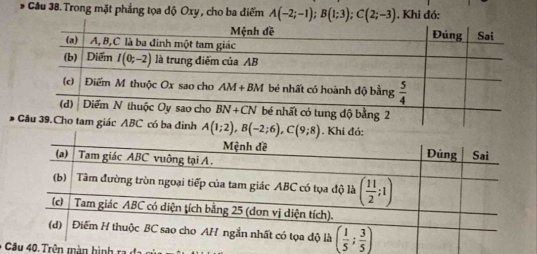 Trong mặt phẳng tọa độ Oxy , cho ba điểm A(-2;-1);B(1;3);C(2;-3). Khi đó:
A(1;2),B(-2;6),C(9;8)
40. Trên màn hình ra đa