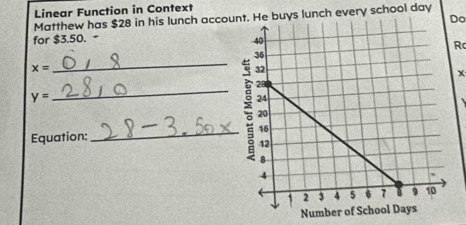 Linear Function in Context 
Matthew has $28 in his lunch accoue buys lunch every school day
Do 
for $3.50. 
R
x=
x
y=
_ 
Equation: _