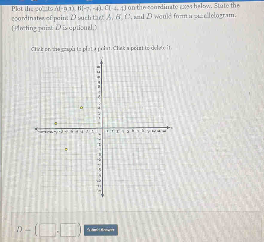 Plot the points A(-9,1), B(-7,-4), C(-4,4) on the coordinate axes below. State the 
coordinates of point D such that A, B, C, and D would form a parallelogram. 
(Plotting point D is optional.) 
Click on the graph to plot a point. Click a point to delete it.
D=(□ ,□ ) Submit Answer