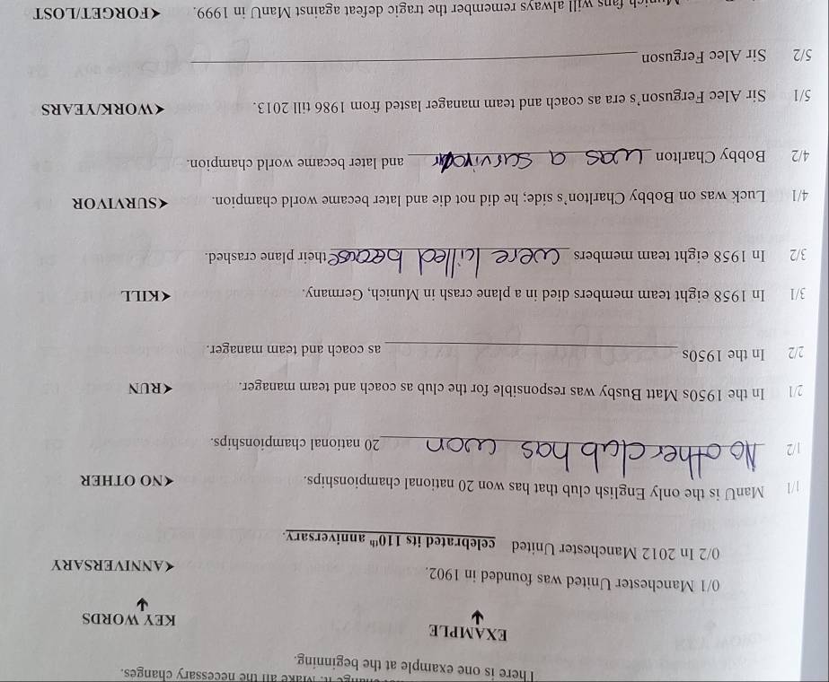 ge it. Make an the necessary changes. 
There is one example at the beginning. 
EXAMPLE KEY WORDS
0/1 Manchester United was founded in 1902. 
《ANNIVERSARY
0/2 In 2012 Manchester United celebrated its 110^(th) anniversary 
1/1 ManU is the only English club that has won 20 national championships. 《NO OTHER
1/2 _ 20 national championships. 
2/1 In the 1950s Matt Busby was responsible for the club as coach and team manager.
2/2 In the 1950s _as coach and team manager. 
3/1 In 1958 eight team members died in a plane crash in Munich, Germany.
3/2 In 1958 eight team members_ their plane crashed. 
4/1 Luck was on Bobby Charlton’s side; he did not die and later became world champion. SURviVOR 
4/2 Bobby Charlton_ and later became world champion. 
5/1 Sir Alec Ferguson’s era as coach and team manager lasted from 1986 till 2013. 《WORK/YEARS 
5/2 Sir Alec Ferguson 
_ 
nich fans will always remember the tragic defeat against ManU in 1999. «FORGET/LOST
