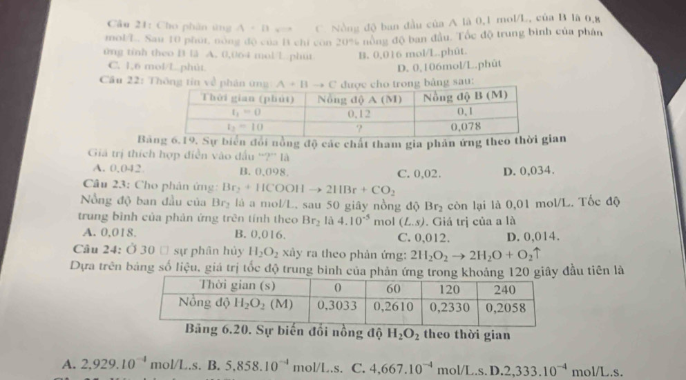 Cho phần ứng A-B C. Nòng độ ban đầu của A là 0,1 mol/L, của B lã 0,g
mol/L. Sau 10 phor, nòng độ của B chỉ con 20% nóng độ ban đầu. Tốc độ trung bình của phân
0ng tỉnh theo B l A. 0,064 mol/L.phut B. 0,016 mol/L.phút.
C. 1,6 mol/L phút D. 0,106mol/L.phút
Cầu 22: Thông tin về phân ứng: A+B to C được cho trong bằng sau:
Bảng 6.19, Sự biển đổi nồng độ các chất tham gia phản ứng theo thời gian
Giả trị thích hợp điễn vào đấu “?” là
A. 0,042 B. 0、098 C. 0,02. D. 0,034.
Câu 23: Cho phân ứng: Br_2+HCOOHto 2HBr+CO_2
Nổng độ ban đầu của Br_2 là a mol/L, sau 50 giây nồng độ Br_2 còn lại là 0,01 mol/L. Tốc độ
trung bình của phản ứng trên tính theo Br_2 là 4.10^(-5) mol (L.s). Giá trị của a là
A. 0,018. B. 0,016. C. 0,012. D. 0,014.
Câu 24: Ở 30 Đ sự phân hủy H_2O_2 xây ra theo phản ứng: 2H_2O_2to 2H_2O+O_2uparrow
Dựa trên bảng số liệu, giá trị tốc độ trung bình của phản20 giây đầu tiên là
20. Sự biến đổi nồng độ H_2O_2 theo thời gian
A. 2,929.10^(-4)mol/L.s.B.5,858.10^(-4)mol/L.s. C. 4,667.10^(-4)mol/L.s.D.2,333.10^(-4)mol/L.s.