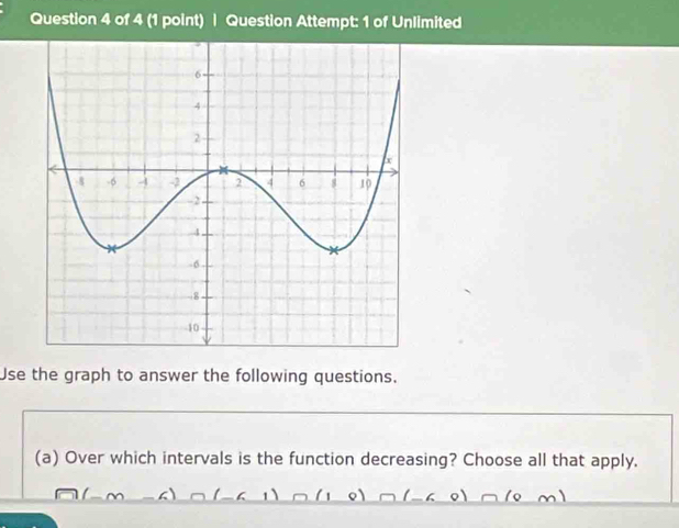 Question Attempt: 1 of Unlimited 
Use the graph to answer the following questions. 
(a) Over which intervals is the function decreasing? Choose all that apply.