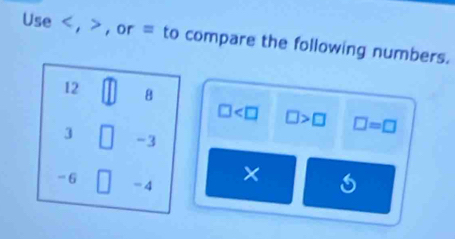 Use , , or = to compare the following numbers.
12 8
□ □ >□ □ =□
3 □ -3
-6 = 4
×