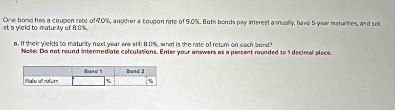 One bond has a coupon rate of 7.0%, another a coupon rate of 9.0%. Both bonds pay interest annually, have 5-year maturities, and sell 
at a yield to maturity of 8.0%. 
a. If their yields to maturity next year are still 8.0%, what is the rate of return on each bond? 
Note: Do not round intermediate calculations. Enter your answers as a percent rounded to 1 decimal place.