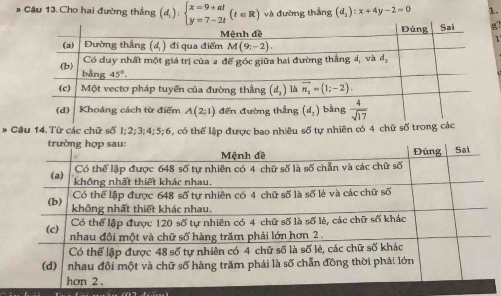 Cho hai đường thẳng (d_1):beginarrayl x=9+at y=7-2tendarray. (t∈ R) và đường thẳng (d_2):x+4y-2=0
1.
g
1
Câu 14.Từ các chữ số l;2;3;4;5;6, có thể lập được bao nhiêu số tự nhiên có 4 chữ số trong