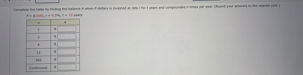 Complete the table by finding the balance A when P dollars is invested at rate r for t years and compounded n times per year. (Round your answers to the nearest cent.)
P=$1600,r=9.5% ,t=10 years