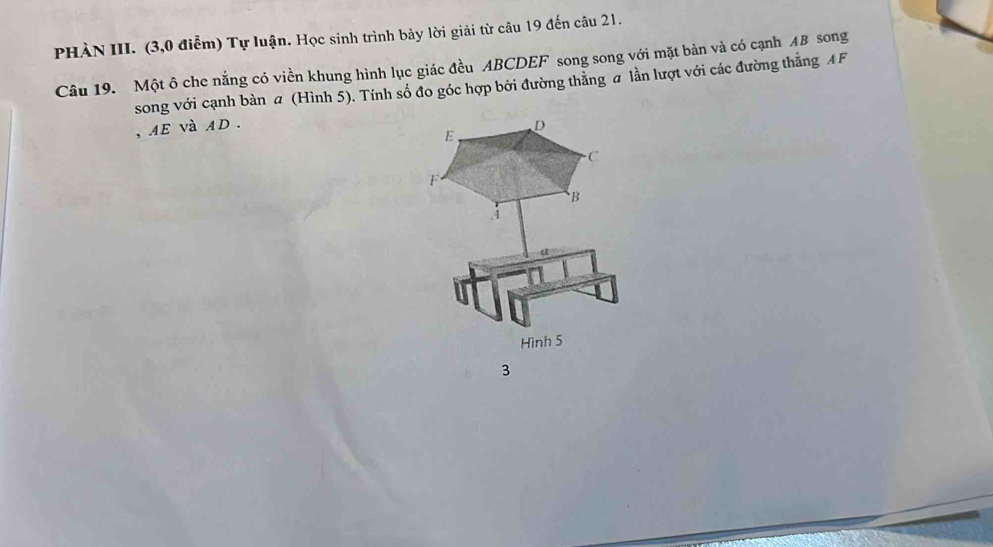 PHÀN III. (3,0 điễm) Tự luận. Học sinh trình bảy lời giải từ câu 19 đến câu 21. 
Câu 19. Một ô che nắng có viền khung hình lục giác đều ABCDEF song song với mặt bàn và có cạnh AB song 
song với cạnh bàn a (Hình 5). Tính số đo góc hợp bởi đường thằng a lần lượt với các đường thẳng A F 
, AE và AD. D
E、 
C 
F 
B 
.i 
a 
a 
Hình 5
3
