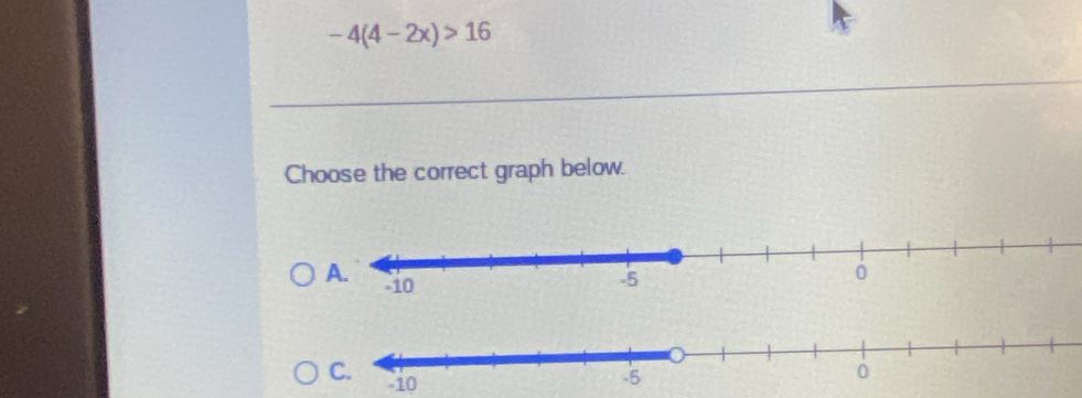 -4(4-2x)>16
Choose the correct graph below.