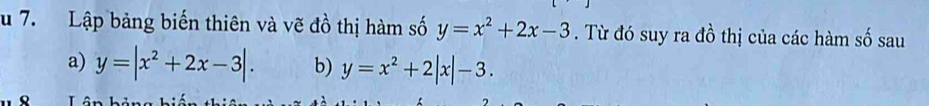 Lập bảng biến thiên và vẽ đồ thị hàm số y=x^2+2x-3. Từ đó suy ra đồ thị của các hàm số sau
a) y=|x^2+2x-3|. b) y=x^2+2|x|-3.