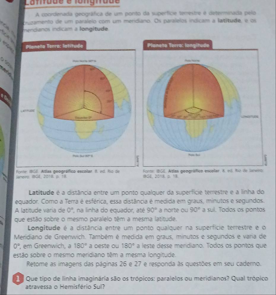 A coordenada geográfica de um ponto da superfície terrestre é determinada pelo 
cruzamento de um paralelo com um meridiano. Os paralelos indicam a latitude, e os 
mendianos indicam a longitude. 

2 Planeta Terra: latítude 
D S 
Pplo Norta (0ºA 
ners 
a
30
Por Sui 90º S 
Fonte: IBGE. Atlas geográfico escolar. 8. ed. Río de 
Janeiro: IBGE, 2018. p. 18. IBGE, 2018. p. 18. 
Latitude é a distância entre um ponto qualquer da superfície terrestre e a linha do 
equador. Como a Terra é esférica, essa distância é medida em graus, minutos e segundos. 
A latitude varia de 0° , na linha do equador, até 90° a norte ou 90° a sul. Todos os pontos 
que estão sobre o mesmo paralelo têm a mesma latitude. 
Longitude é a distância entre um ponto qualquer na superfície terrestre e o 
Meridiano de Greenwich. Também é medida em graus, minutos e segundos e varia de
0°, , em Greenwich, a 180° a oeste ou 180° a leste desse meridiano. Todos os pontos que 
estão sobre o mesmo meridiano têm a mesma longitude. 
Retome as imagens das páginas 26 e 27 e responda às questões em seu caderno. 
D Que tipo de linha imaginária são os trópicos: paralelos ou meridianos? Qual trópico 
atravessa o Hemisfério Sul?