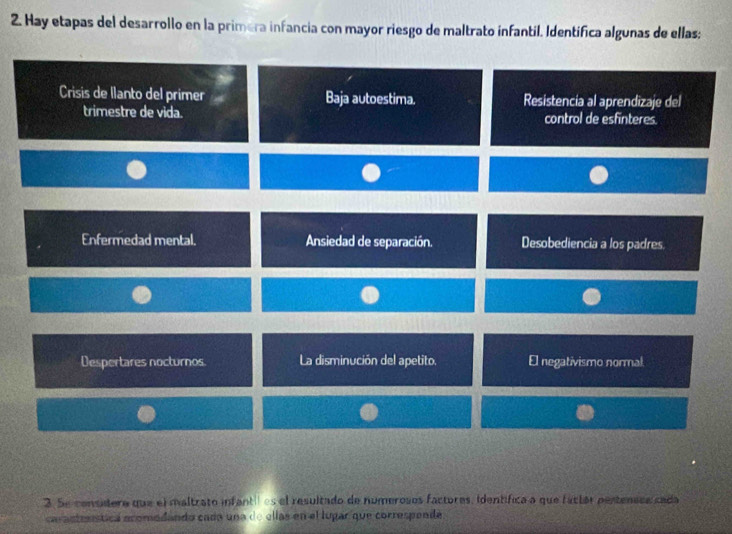 Hay etapas del desarrollo en la primera infancia con mayor riesgo de maltrato infantil. Identífica algunas de ellas;
Crisis de llanto del primer Baja autoestima. Resistencía al aprendizaje del
trimestre de vida. control de esfinteres.
Enfermedad mental. Ansiedad de separación. Desobediencia a los padres.
Despertares nocturnos La disminución del apetito. El negativismo normal.
3. Se consídero que el maltrato infanti es el resultado de numerosos factores, Identífica a que fáctar pestenses cada
ca asteística acomodando cada una de ellas en el lugar que correspende