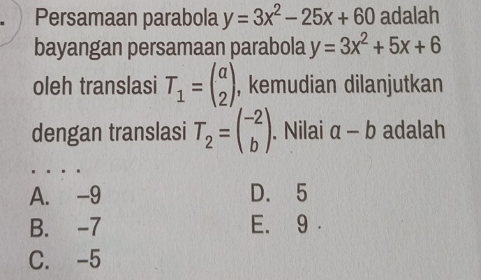 Persamaan parabola y=3x^2-25x+60 adalah
bayangan persamaan parabola y=3x^2+5x+6
oleh translasi T_1=beginpmatrix a 2endpmatrix , kemudian dilanjutkan
dengan translasi T_2=beginpmatrix -2 bendpmatrix. Nilai a-b adalah
A. -9 D. 5
B. -7 E. 9.
C. -5