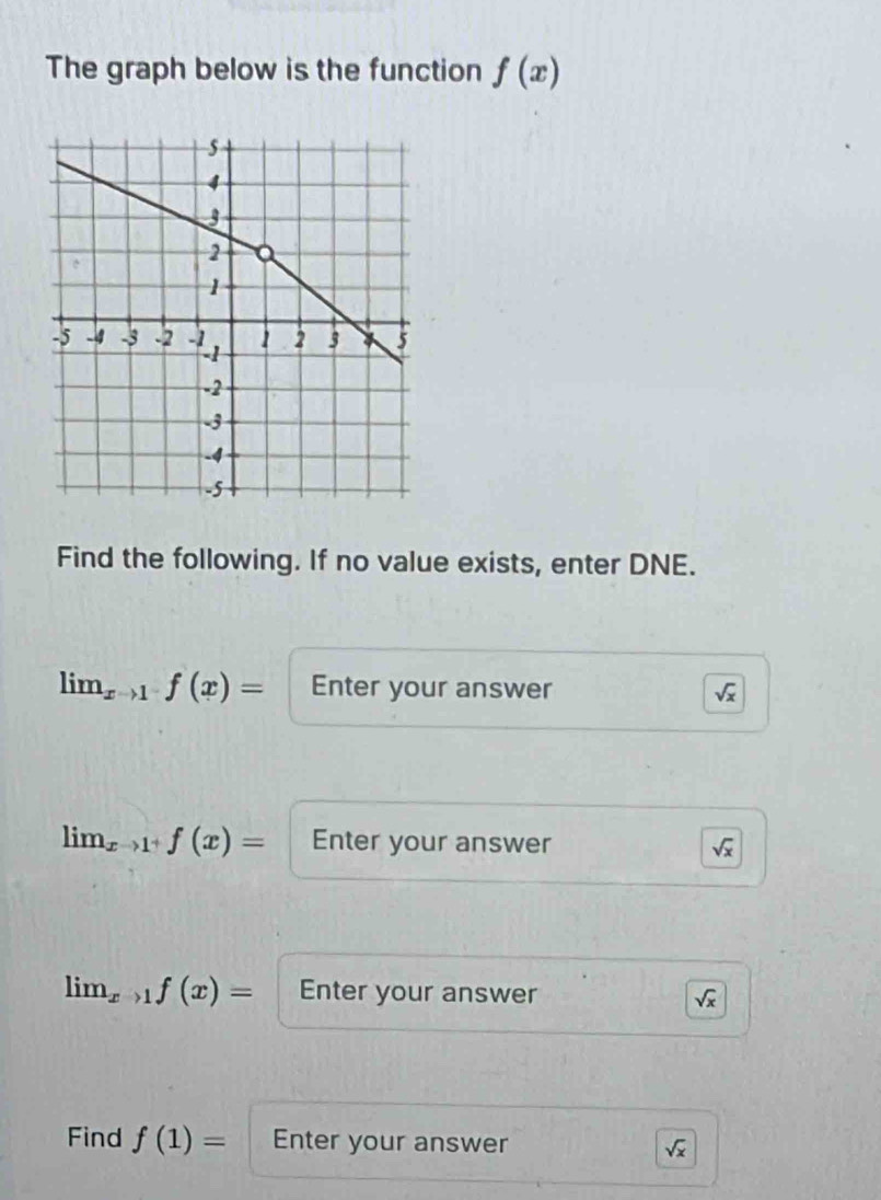 The graph below is the function f(x)
Find the following. If no value exists, enter DNE. 
lim_xto 1-f(x)= Enter your answer sqrt(x)
lim_xto 1^+f(x)= Enter your answer sqrt(x)
lim_xto 1f(x)= Enter your answer sqrt(x)
Find f(1)= Enter your answer sqrt(x)