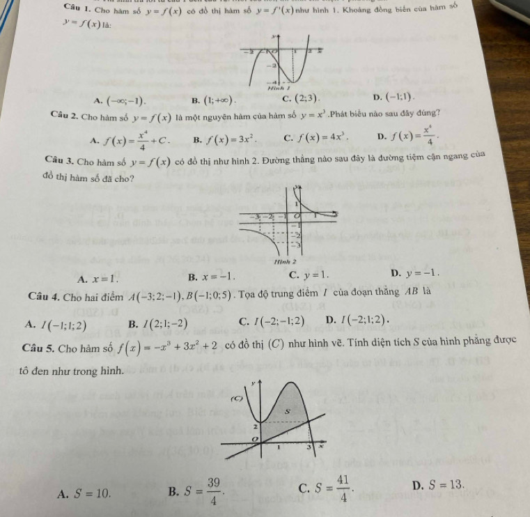 Cho hàm số y=f(x) có đồ thị hàm số y=f'(x) như hình 1. Khoảng đồng biến của hàm số
y=f(x) là:
A. (-∈fty ;-1). B. (1;+∈fty ). C. (2;3). D. (-1;1). 
Câu 2. Cho hàm số y=f(x) là một nguyên hàm của hàm số y=x^3.Phát biểu nào sau đây đúng?
A. f(x)= x^4/4 +C. B. f(x)=3x^2. C. f(x)=4x^3. D. f(x)= x^4/4 . 
Câu 3. Cho hàm số y=f(x) có đồ thị như hình 2. Đường thẳng nào sau đây là dường tiệm cận ngang của
đồ thị hàm số đã cho?
A. x=1. B. x=-1. C. y=1. D. y=-1. 
Câu 4. Cho hai điểm A(-3;2;-1), B(-1;0;5) Tọa độ trung điểm / của đoạn thắng AB là
A. I(-1;1;2) B. I(2;1;-2) C. I(-2;-1;2) D. I(-2;1;2). 
Câu 5. Cho hàm số f(x)=-x^3+3x^2+2 có đồ thị (C) như hình vẽ. Tính diện tích S của hình phăng được
tô đen như trong hình.
A. S=10. B. S= 39/4 . C. S= 41/4 . D. S=13.