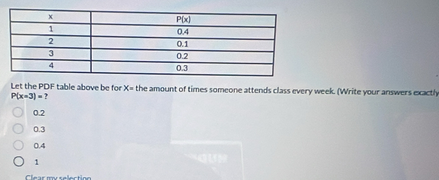 Let the PDF table above be for X= the amount of times someone attends class every week. (Write your answers exactly
P(x=3)= ?
0.2
0.3
0.4
1
Clear my selection