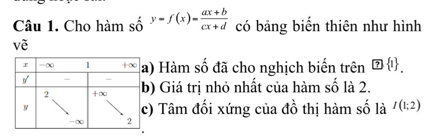 Cho hàm số y=f(x)= (ax+b)/cx+d  có bảng biến thiên như hình
về
Hàm số đã cho nghịch biến trên ? 1
Giá trị nhỏ nhất của hàm số là 2.
Tâm đối xứng của đồ thị hàm số là I(1;2)