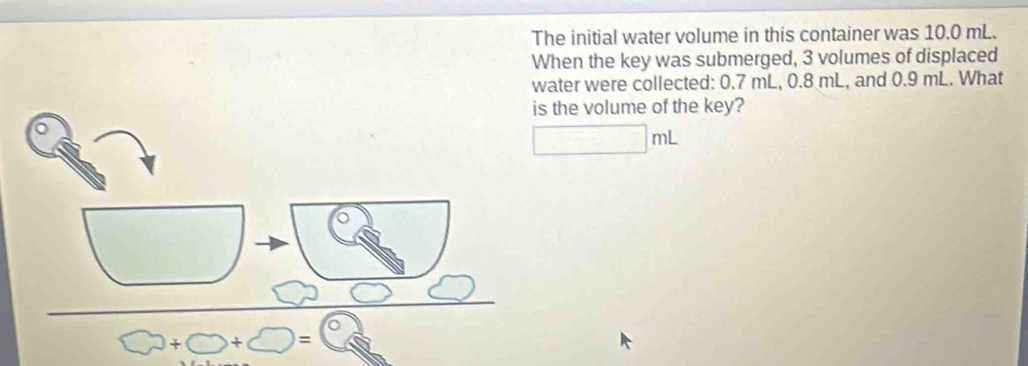 The initial water volume in this container was 10.0 mL. 
When the key was submerged, 3 volumes of displaced 
water were collected: 0.7 mL, 0.8 mL, and 0.9 mL. What 
he volume of the key?