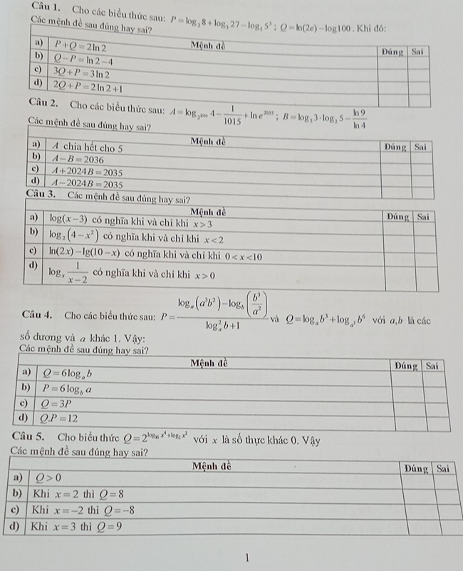 Cho các biểu thức sau: 
Các mệnh đề s
A=log _2^(2006)4- 1/1015 +ln e^(2015);B=log _53· log _25- ln 9/ln 4 
Các mệnh đề sau đú
Câu 4. Cho các biểu thức sau: P=frac log _a(a^2b^2)-log _a( b^3/a^2 )(log _a)^2b+1 và Q=log _ab^3+log _a^2b^6 với a,b là các
ố đương và a khác 1. Vậy:
Các mệnh đề sau đúng 
o biểu thức Q=2^(log _16)x^4+log _1x^2 với x là số thực khác 0. Vậy
Các m
1