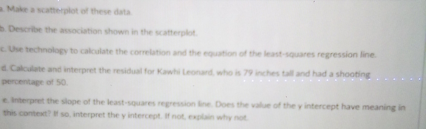 Make a scatterplot of these data. 
b. Describe the association shown in the scatterplot. 
c. Use technology to calculate the correlation and the equation of the least-squares regression line. 
d. Calculate and interpret the residual for Kawhi Leonard, who is 79 inches tall and had a shooting 
percentage of 50. 
e. Interpret the slope of the least-squares regression line. Does the value of the y intercept have meaning in 
this context? If so, interpret the y intercept. If not, explain why not.