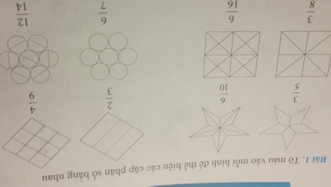 Tô màu vào mỗi hình để thể hiện các cặp phân số bằng nhau
 3/5 
 6/10 
 2/3 
 4/9 
 3/8 
 6/16 
 6/7 
 12/14 