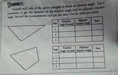 shelty 
Extend each side of the given polygon to form an exterior angle. Use a 
protractor to get the measure of the exterior angle and its adjacent interior 
angle. Record the measurementsm. Use the table provided.