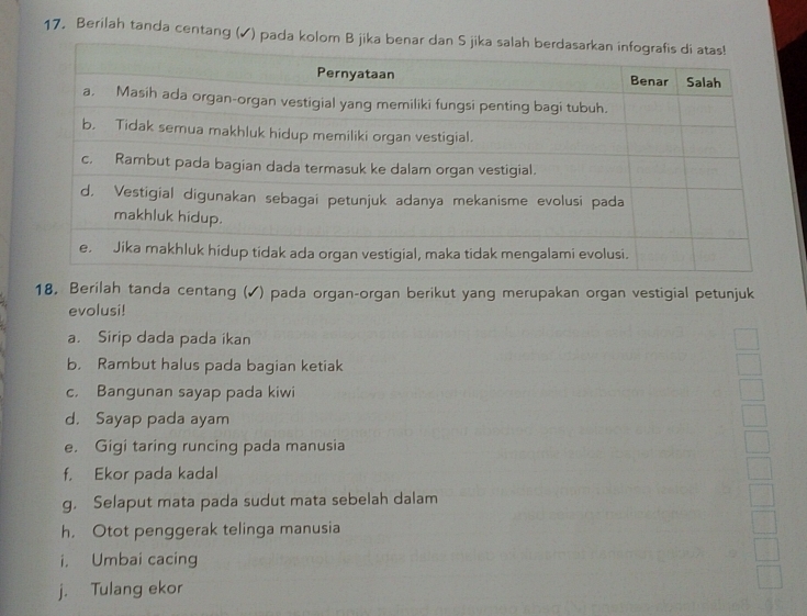 Berilah tanda centang (✓) pada k 
18, Berilah tanda centang (✓) pada organ-organ berikut yang merupakan organ vestigial petunjuk 
evolusi! 
a. Sirip dada pada ikan 
b. Rambut halus pada bagian ketiak 
c. Bangunan sayap pada kiwi 
d. Sayap pada ayam 
e. Gigi taring runcing pada manusia 
f. Ekor pada kadal 
g. Selaput mata pada sudut mata sebelah dalam 
h， Otot penggerak telinga manusia 
i. Umbai cacing 
j. Tulang ekor