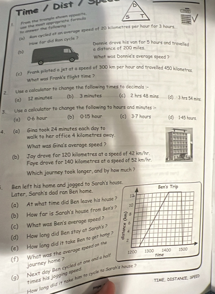 Time / Dist / Spe
1. From the triangle shown opposite.
use the most appropriate formula
to answer the following :- 
(a) Ron cycled at an average speed of 20 kilometres per hour for 3 hours.
How far did Ron cycle ?
Donnie drove his van for 5 hours and travelled
(b) a distance of 200 miles.
What was Donnie's average speed ?
(c) Frank piloted a jet at a speed of 300 km per hour and travelled 450 kilometres.
What was Frank's flight time ?
2 Use a calculator to change the following times to decimals :-
(a) 12 minutes (b) 3 minutes (c) 2 hrs 48 mins (d) · 3 hrs 54 mins
3. Use a calculator to change the following to hours and minutes :-
(a) 0 6 hour (b) 0·15 hour (c) 3-7 hours (d) 1-45 hours.
4. (a) Gina took 24 minutes each day to
walk to her office 4 kilometres away.
What was Gina's average speed ? 1
(b) Jay drove for 120 kilometres at a speed of 42 km/hr.
Faye drove for 140 kilometres at a speed of 52 km/hr.
Which journey took longer, and by how much ?
5. Ben left his home and jogged to Sarah's hou
Later, Sarah's dad ran Ben home.
(a) At what time did Ben leave his house ?
(b) How far is Sarah's house from Ben's ?
(c) What was Ben's average speed ?
(d) How long did Ben stay at Sarah's ?
(e) How long did it take Ben to get home? 
(f) What was the average speed on the 
journey home ?
(g) Next day Ben cycled at one and a halt
times his jogging speed.
How long did it take him to cycle to Sarah's house ?
TIME, DISTANCE, SPEED