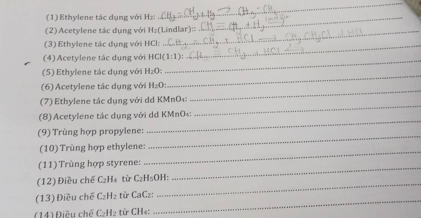 (1) Ethylene tác dụng với H₂:_ 
_ 
(2) Acetylene tác dụng với H_2 (Lindlar):: 
(3) Ethylene tác dụng với HCl:_ 
(4)Acetylene tác dụng với HCl(1:1) : _ 
(5) Ethylene tác dụng với H_2O : 
(6) Acetylene tác dụng với H_2O : 
_ 
_ 
(7) Ethylene tác dụng với dd KMnO₄: 
_ 
_ 
(8)Acetylene tác dụng với dd KMnO₄: 
_ 
(9) Trùng hợp propylene: 
_ 
(10) Trùng hợp ethylene: 
(11) Trùng hợp styrene:_ 
_ 
(12) Điều chế C_2H_4 tù C_2H_5;OH: 
(13) Điều chế C_2H_2 tù CaC_2 ,._ 
(14) Điều chế C_2H_2 từ CH4: