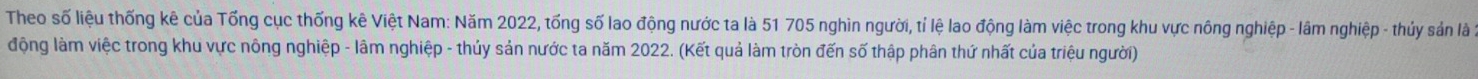 Theo số liệu thống kê của Tống cục thống kê Việt Nam: Năm 2022, tổng số lao động nước ta là 51 705 nghìn người, tỉ lệ lao động làm việc trong khu vực nông nghiệp - lâm nghiệp - thủy sản là 
động làm việc trong khu vực nông nghiệp - lâm nghiệp - thủy sản nước ta năm 2022. (Kết quả làm tròn đến số thập phân thứ nhất của triệu người)