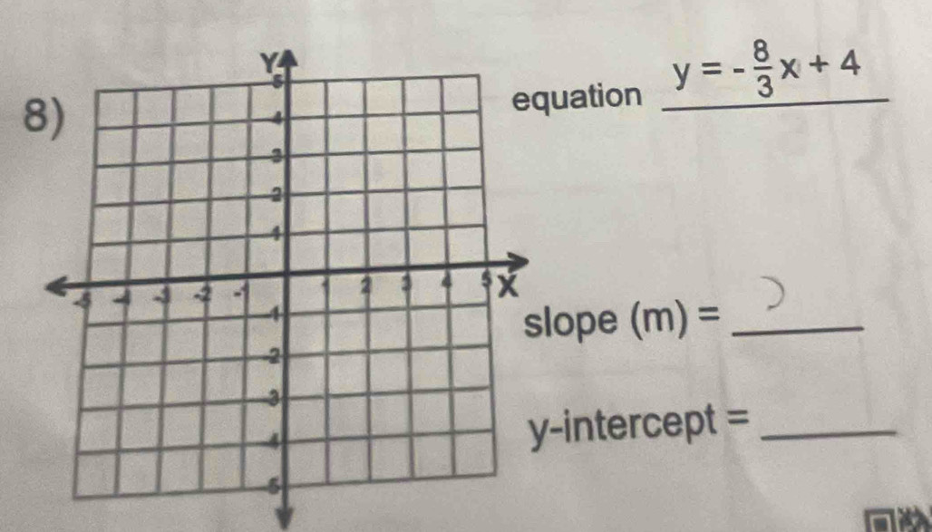 uation _ y=- 8/3 x+4 _ 
lope (m)= _ 
-intercept =_