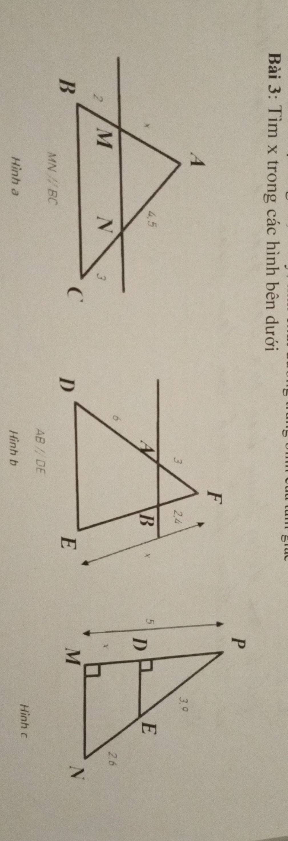 Tìm x trong các hình bên dưới
ABparallel DE
Hình c
Hình a Hinhb