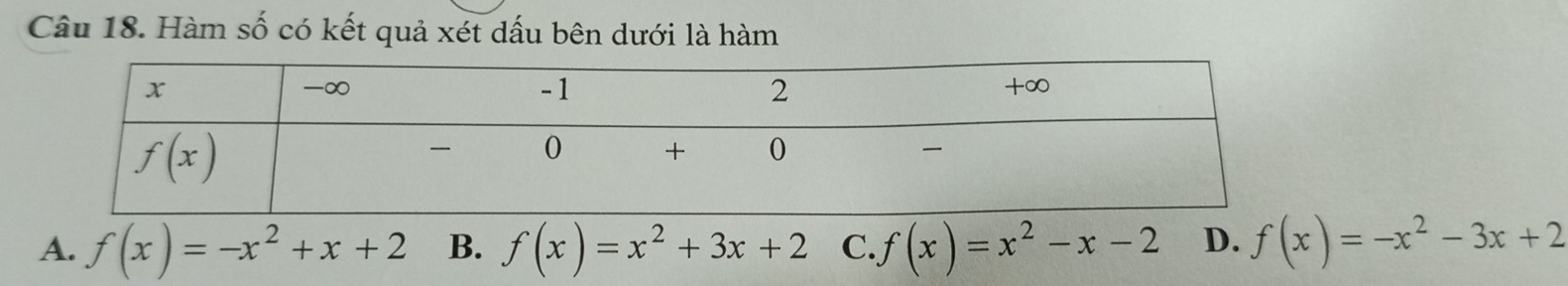 Hàm số có kết quả xét dấu bên dưới là hàm
A. f(x)=-x^2+x+2 B. f(x)=x^2+3x+2 C. f(x)=x^2-x-2 D. f(x)=-x^2-3x+2