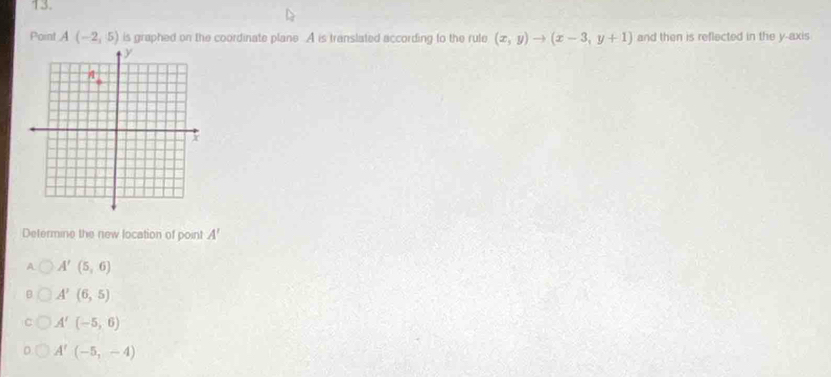 Point A(-2,5) is graphed on the coordinate plane A is translated according to the rule (x,y)to (x-3,y+1) and then is reflected in the y-axis
Determine the new location of point A'
A A'(5,6)
A'(6,5)
A'(-5,6)
A'(-5,-4)